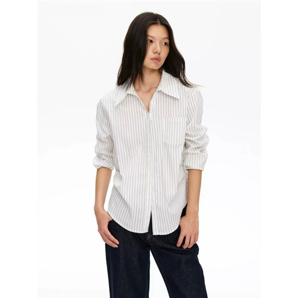 ZARA Striped White Lapel Waist Pleated Blouse Loose Casual Long Sleeve Autumn
